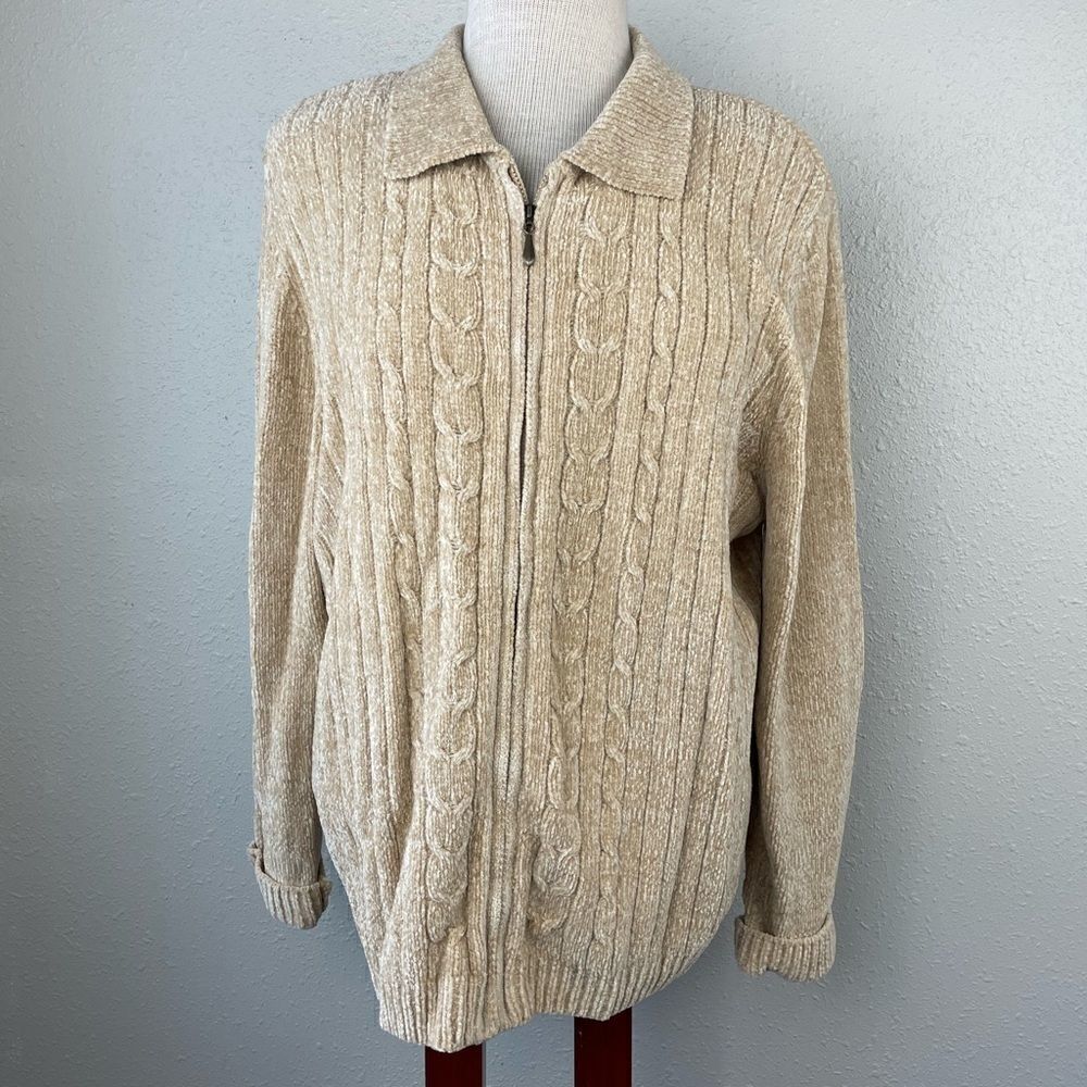 EUC Alfred Dunner Womens Zip Up Tan 100% Acrylic Cardigan Sweater Size XL